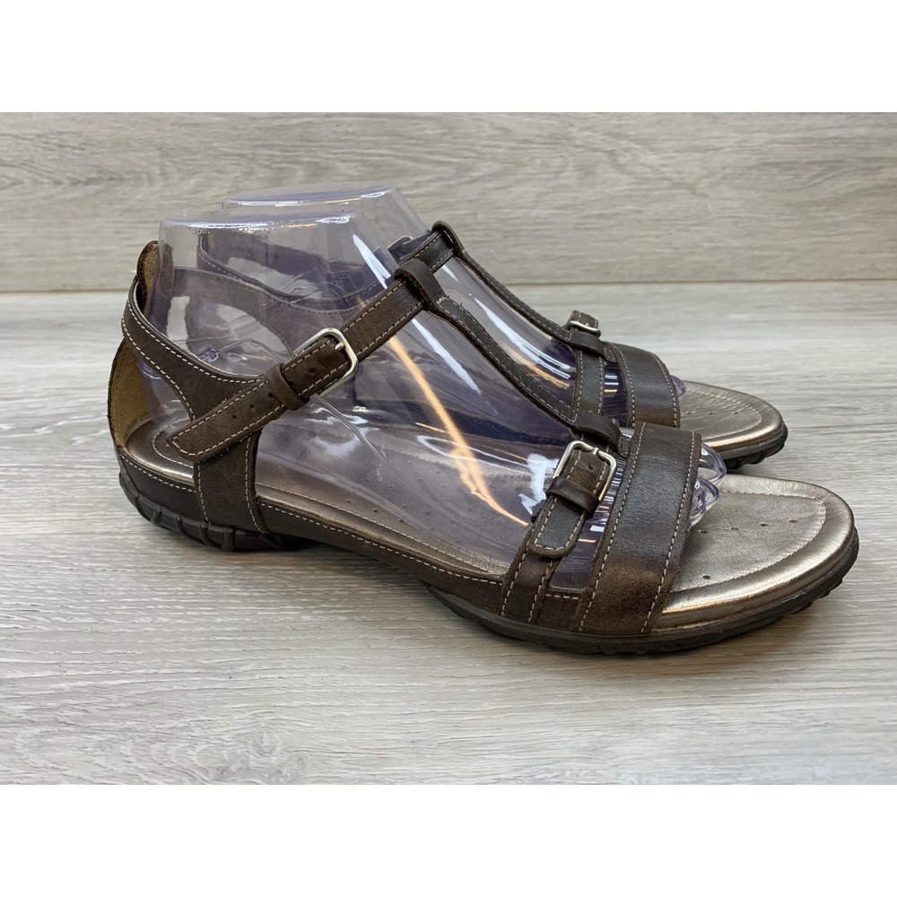 ECCO Women's T-Strap Leather Sandals Brown Metallic Buckle 9 Comfort Shoes